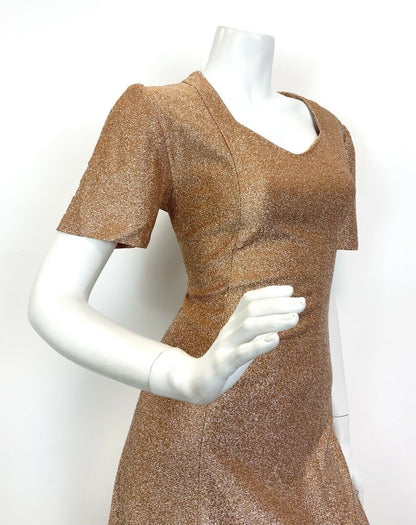 VTG 60s 70s PEACH COPPER METALLIC LUREX GLAM STUDIO 54 PARTY MAXI DRESS 12