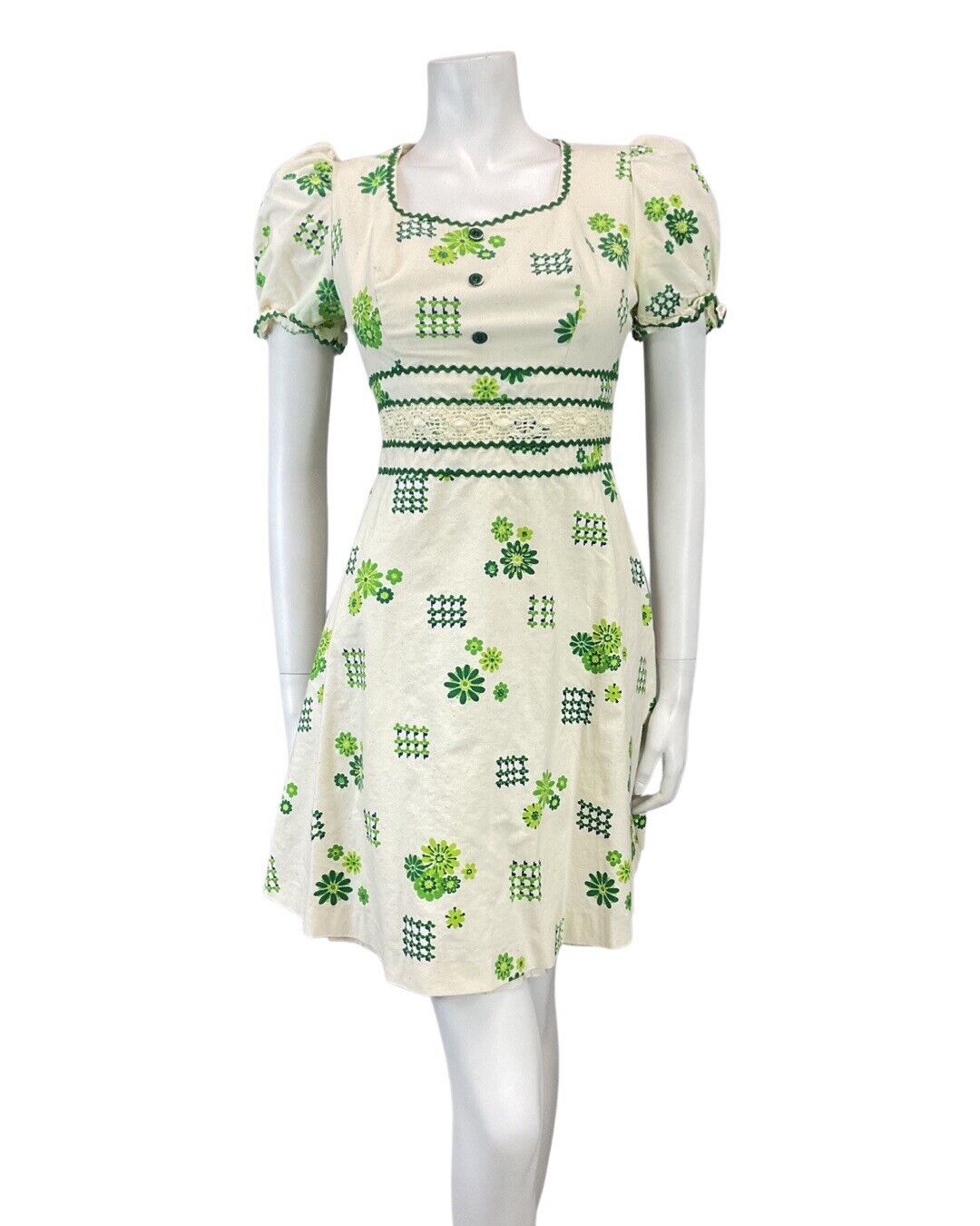 VINTAGE 60s CREAM GREEN BLUE FLORAL RIC-RAC PUFF SLEEVE MOD MINI DRESS 8 10