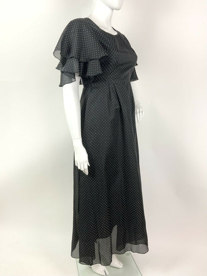 VINTAGE 60s 70s BLACK WHITE POLKA-DOT SHEER CAPE SLEEVE FLOATY MAXI DRESS 14 16