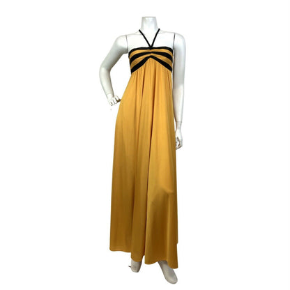 VINTAGE 60s 70s YELLOW BLACK STRIPED EMPIRE LINE MOD STRAPPY MAXI DRESS 6