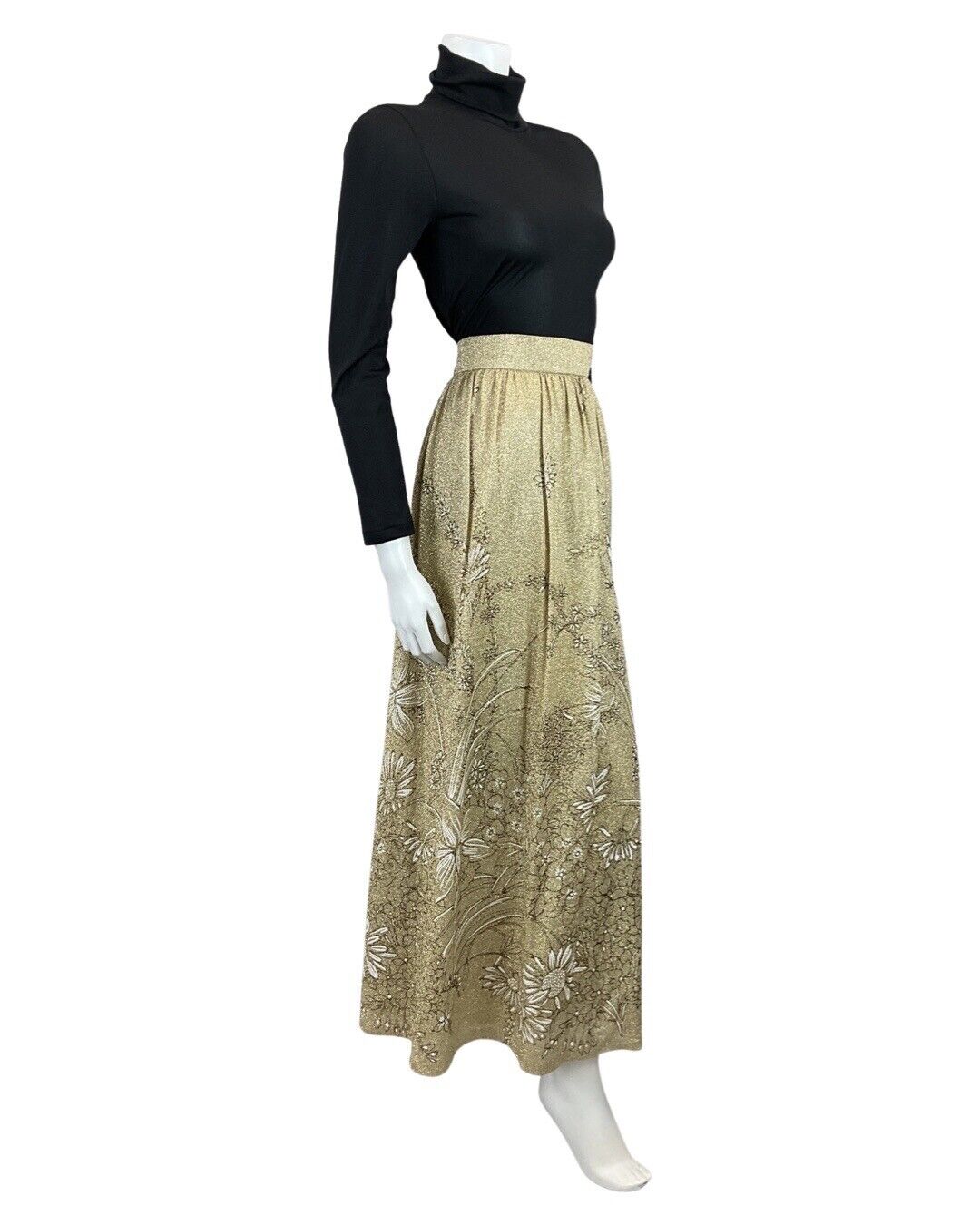 VINTAGE 60s 70s GOLD WHITE FLORAL LEAFY GLITTER LUREX DISCO PARTY MAXI SKIRT 10