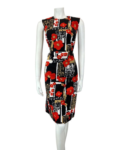 VTG 60s 70s BLACK WHITE RED PSYCHEDELIC FLORAL POPPY MOD SLEEVELESS DRESS 14 16