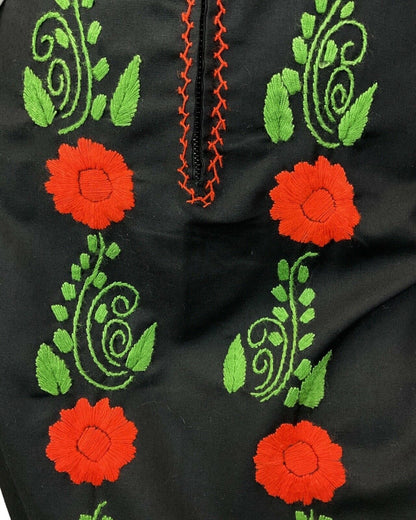 VINTAGE 60s 70s BLACK ORANGE GREEN FLORAL EMBROIDERED BOHO FOLK MAXI DRESS 10