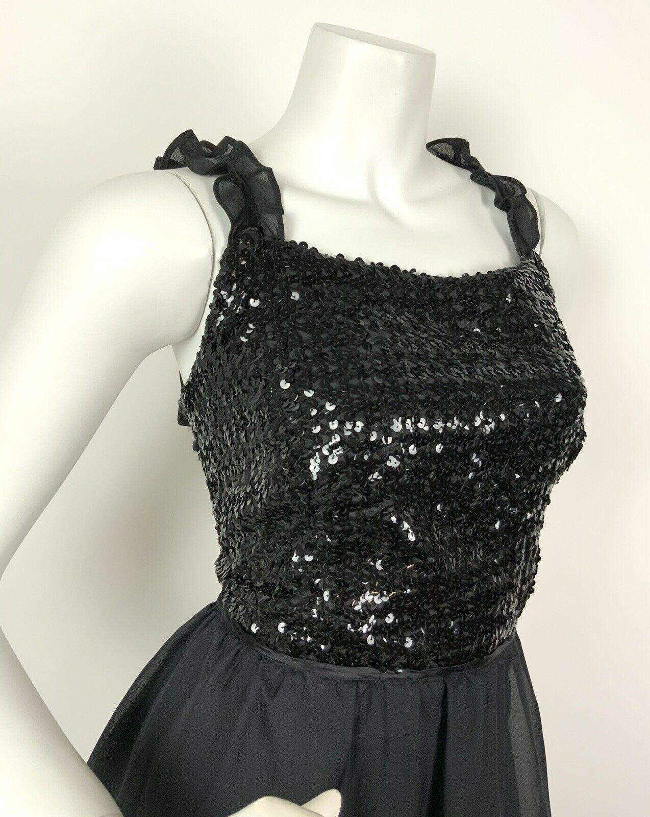 VINTAGE 60s 70s BLACK SEQUIN RUFFLE PARTY STUDIO 54 TIERED SHEER MAXI DRESS 12