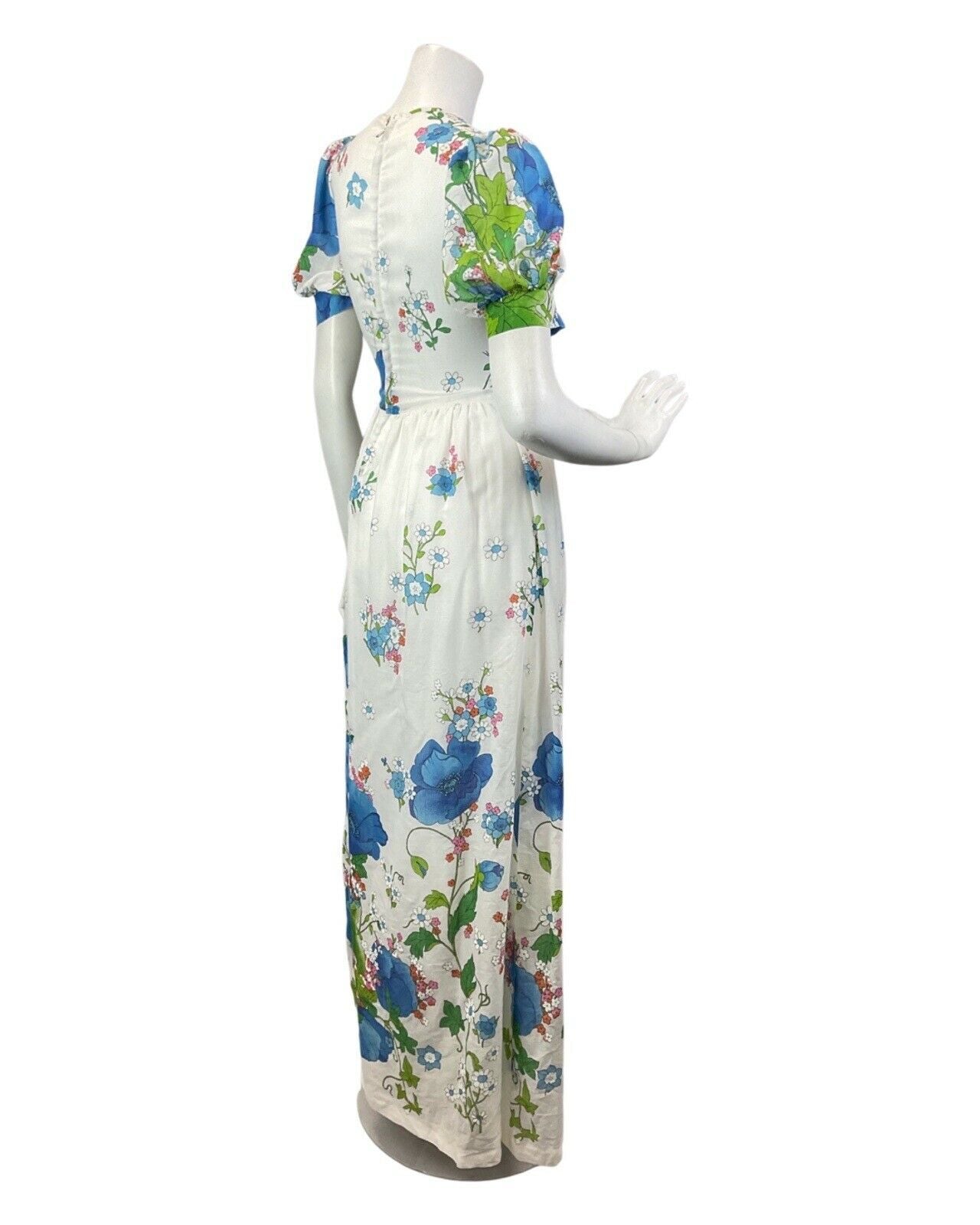 VINTAGE 60s 70s WHITE BLUE GREEN DAISY POPPY FLORAL BOHO PRAIRIE MAXI DRESS 8