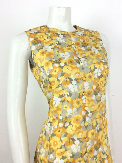 VINTAGE 60s 70s SUMMER FLORAL DITSY DRESS YELLOW ORANGE WHITE SILVER GLITTERY 10