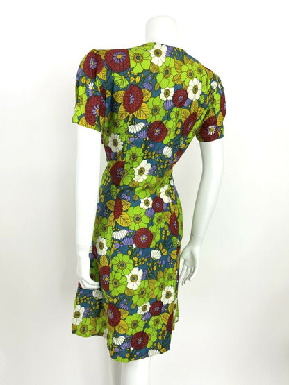 VINTAGE 60s A-LINE TEA DRESS FLORAL DITSY GREEN BLUE RED PURPLE 12 14