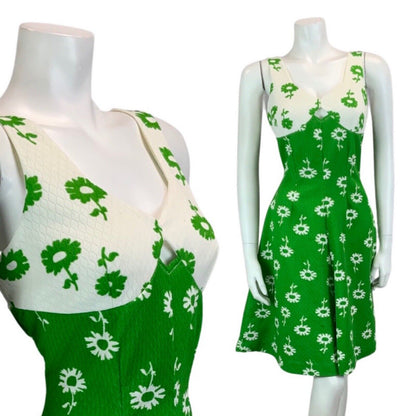 VINTAGE 60s 70s WHITE GREEN FLORAL PRINT MINI WITH CUT OUT DETAIL DRESS 12