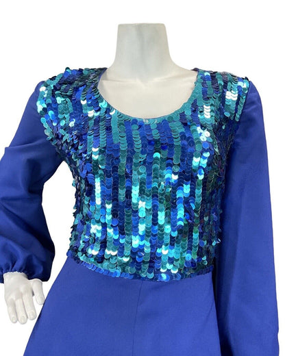 VINTAGE 60s 70s BLUE GREEN SEQUIN DISCO PARTY STUDIO 54 MAXI DRESS GOWN 12