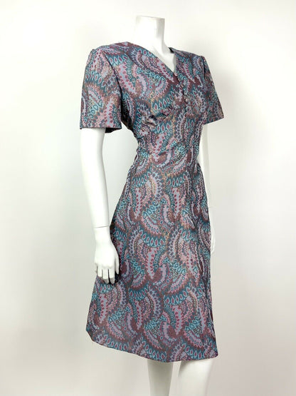 VINTAGE 60s 70s BLUE TURQUOISE PINK GOLD PSYCHEDELIC FLARED DRESS 12 14