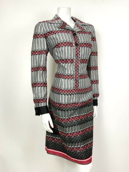 VINTAGE 60s 70s SILVER PINK RED BLACK STRIPED SCALES SHIRT SHIFT DRESS 12 14