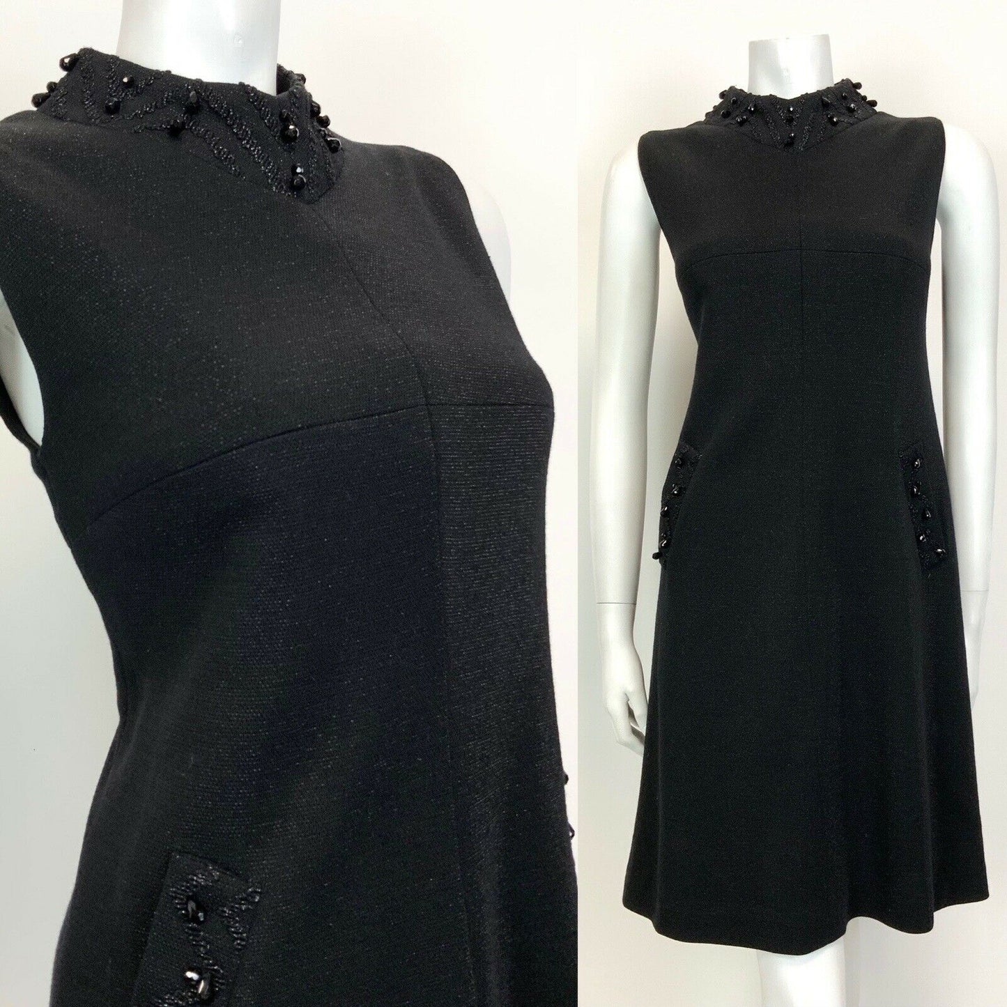 VINTAGE 60s 70s BLACK BEADED DISCO PARTY LUREX MOD A-LINE SWING DRESS 10