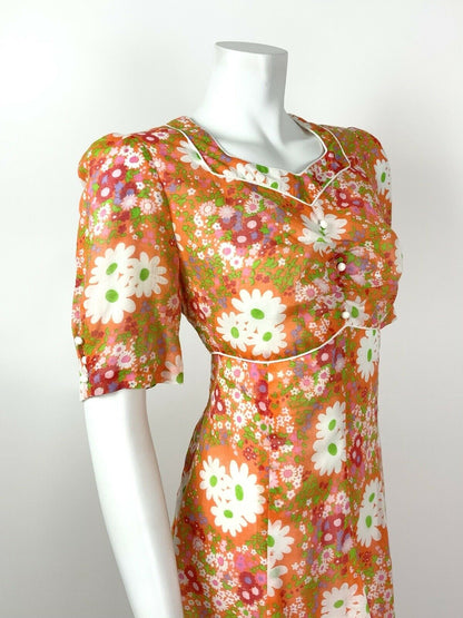 VINTAGE 60s 70s ORANGE WHITE PINK FLORAL DAISY PSYCHEDELIC SUMMER DRESS 12 14