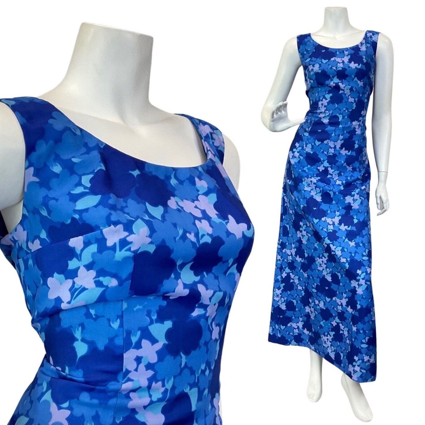 VINTAGE 60s 70s BLUE NAVY FLORAL ABSTRACT SLEEVELESS MAXI DRESS 10 12