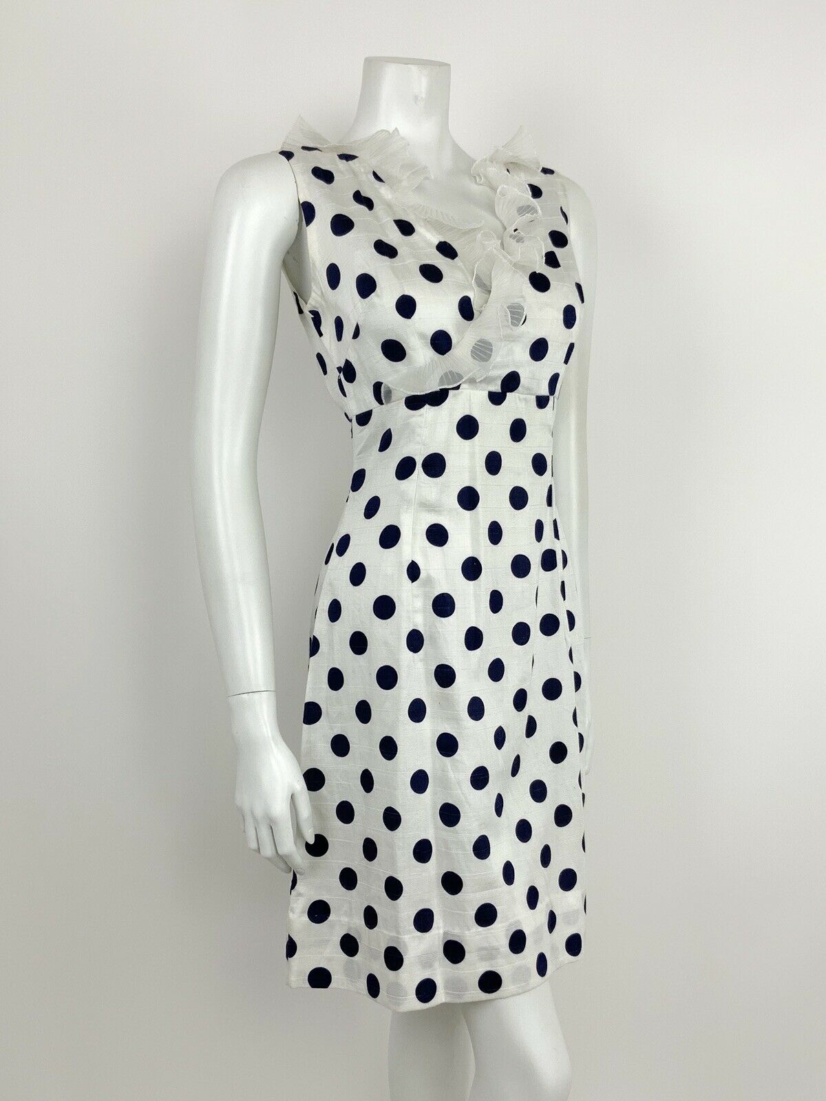 VTG 60s 70s NAVY BLUE WHITE POLKA DOT FLOUNCE RUFFLE EMPIRE MOD DRESS 10 12