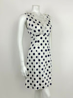 VTG 60s 70s NAVY BLUE WHITE POLKA DOT FLOUNCE RUFFLE EMPIRE MOD DRESS 10 12