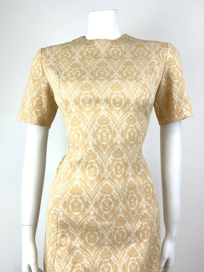 VINTAGE 60s 70s BEIGE WHITE FLORAL DAMASK MOD SCOOTER MINI FITTED DRESS 14 16