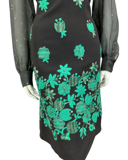 VINTAGE 60s 70s BLACK TURQUOISE GREEN MOD DISCO PARTY CHRISTMAS EVENING DRESS 12