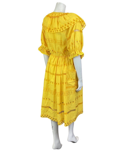 VINTAGE 70s SUNSHINE YELLOW EMBROIDERED CUT-WORK RUFFLED PRAIRIE DRESS 8 10