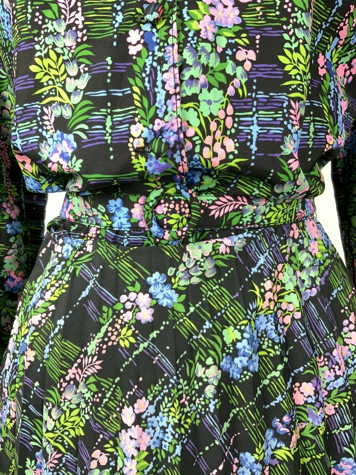 VTG 60s 70s BLACK BLUE PINK GREEN FLORAL PSYCHEDELIC PLEATED SHIRT DRESS 10 12