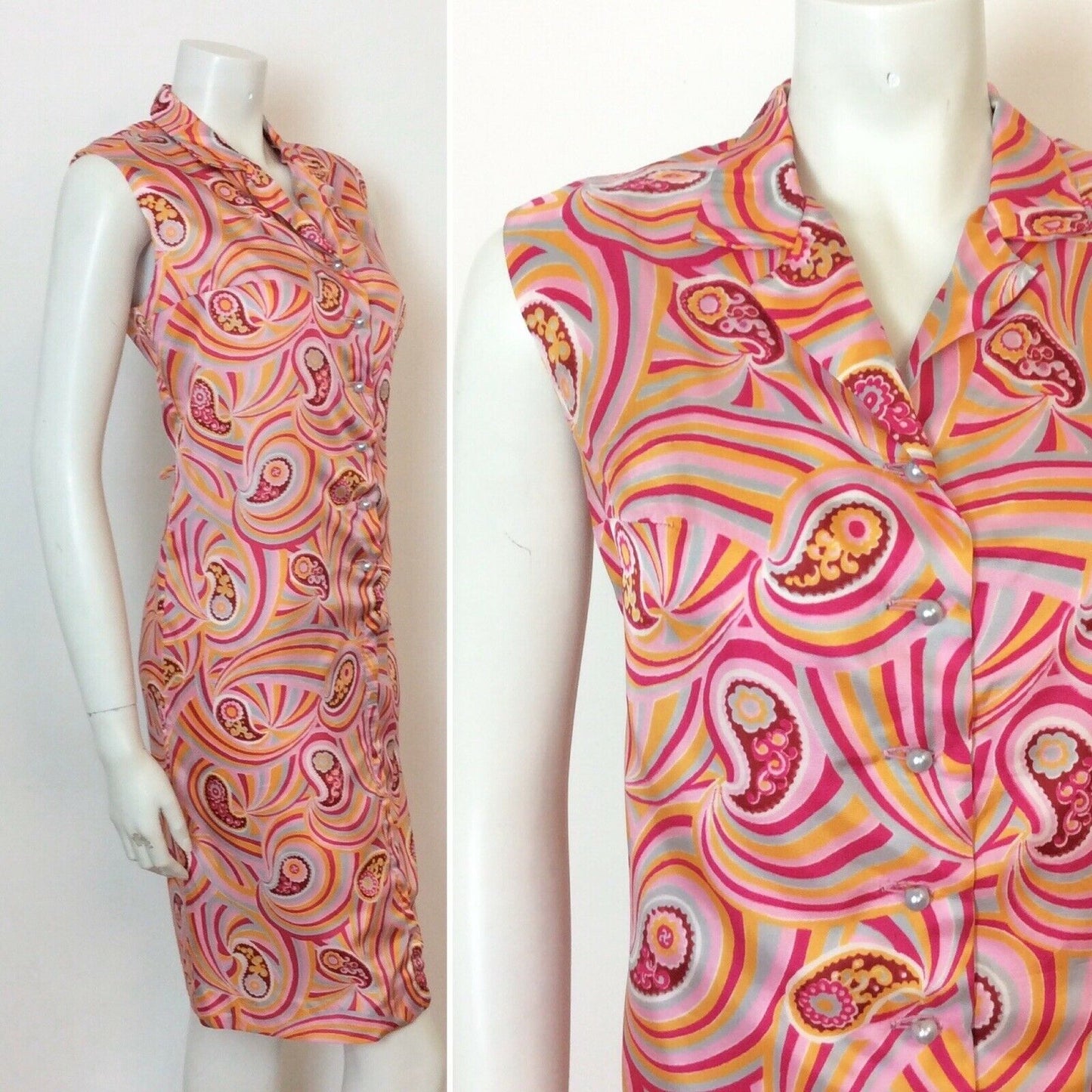 VINTAGE 60S 70S PINK ORANGE SWIRLY PSYCHEDELIC PAISLEY DRESS 14