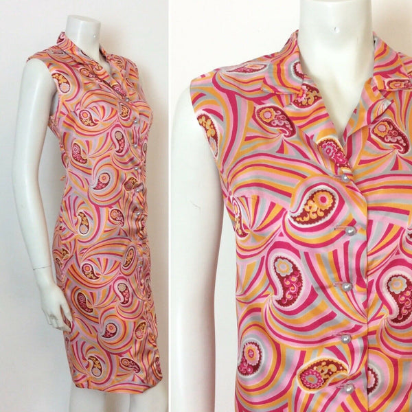 VINTAGE 60S 70S PINK ORANGE SWIRLY PSYCHEDELIC PAISLEY DRESS 14