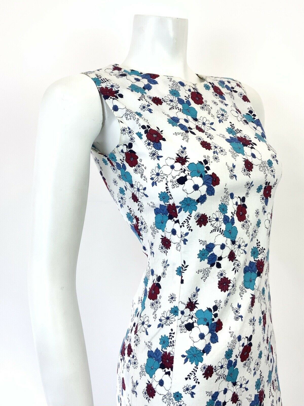 VINTAGE 60s 70s WHITE WINE RED BLUE FLORAL BOHO MOD SLEEVELESS MINI DRESS 8