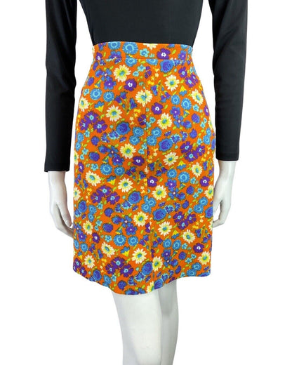 VINTAGE 60s 90s ORANGE BLUE PURPLE DAISY FLOWER MOD RIBBED SHORT SKIRT 8 10