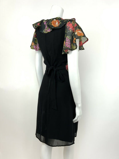 VINTAGE 60s 70s BLACK FLORAL DRESS A-LINE RUFFLE GREEN ORANGE RED 8 10