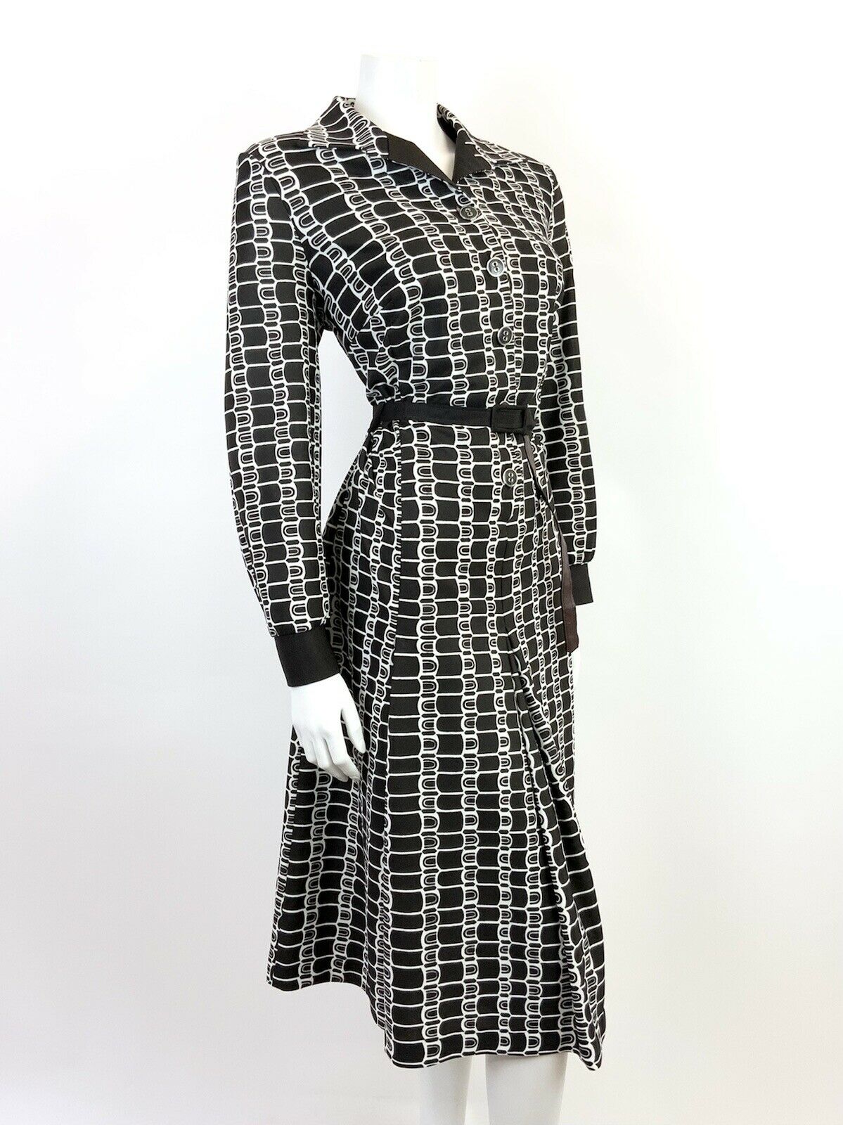 VINTAGE 60s 70s DARK BROWN WHITE GEOMETRIC BELTED SHIRT MIDI DRESS 14 16