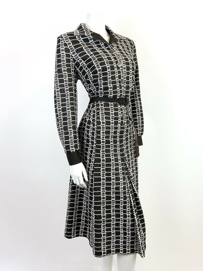 VINTAGE 60s 70s DARK BROWN WHITE GEOMETRIC BELTED SHIRT MIDI DRESS 14 16