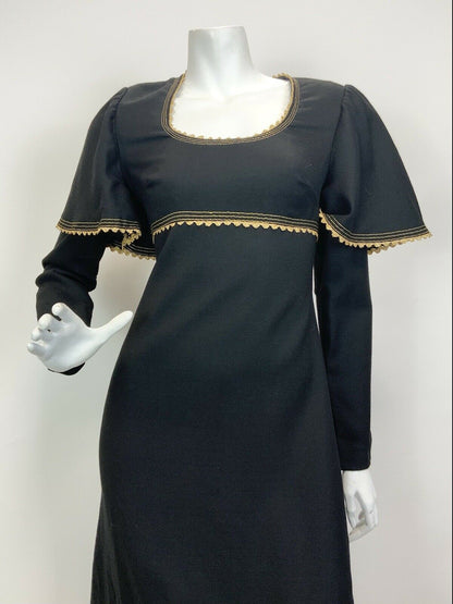 VTG 60s 70s BLACK GOLD RICRAC CAPE-SLEEVE GLAM PARTY EMPIRE LINE MAXI DRESS 8