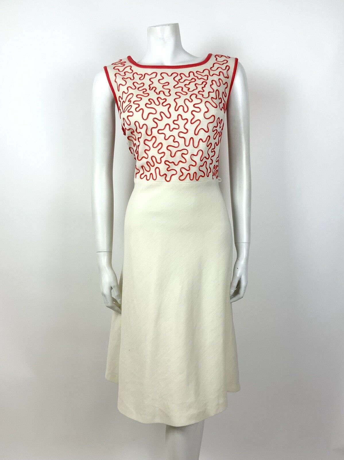 VINTAGE 60s 70s CREAM RED BRAIDED SQUIGGLE SLEEVELESS MIDI DRESS 16