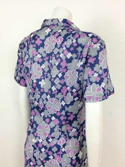 STUNNING VINTAGE 60S 70S PSYCHEDELIC BLUE PURPLE FLORAL TEA DRESS 16 18