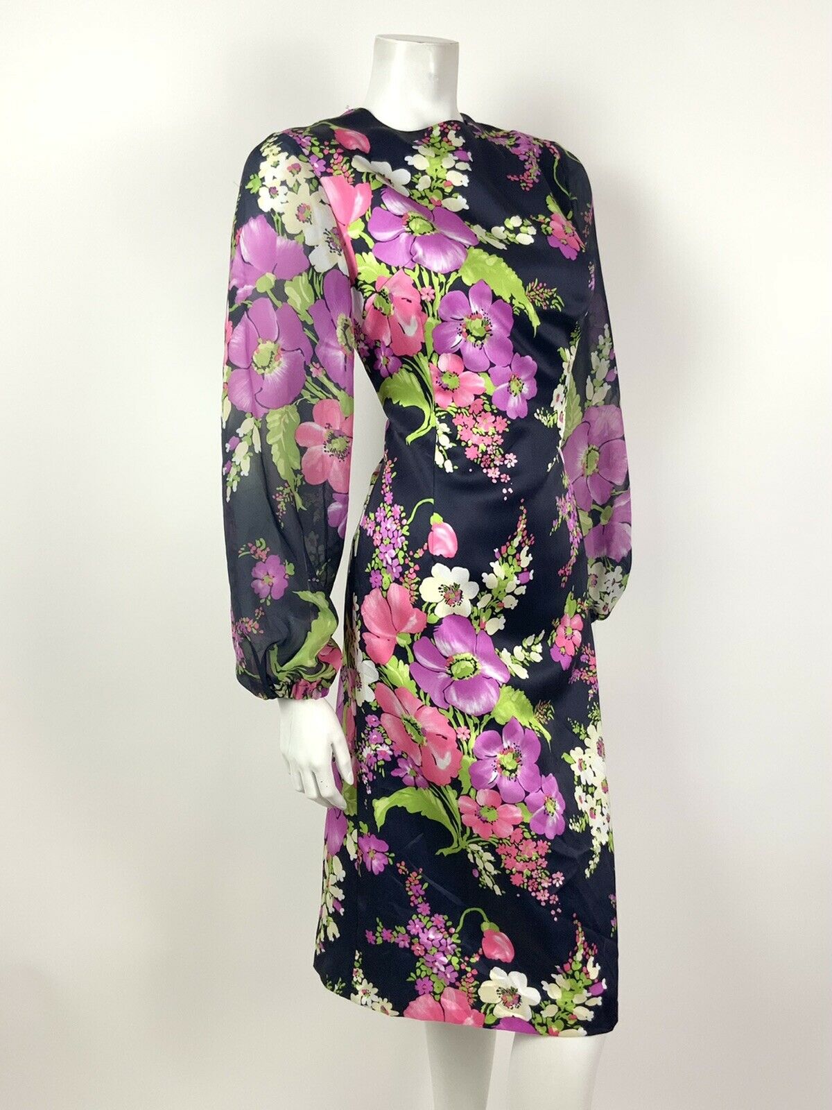 VINTAGE 60s 70s NAVY BLUE PURPLE PINK GREEN FLORAL PUFF SLEEVE DRESS 10 12