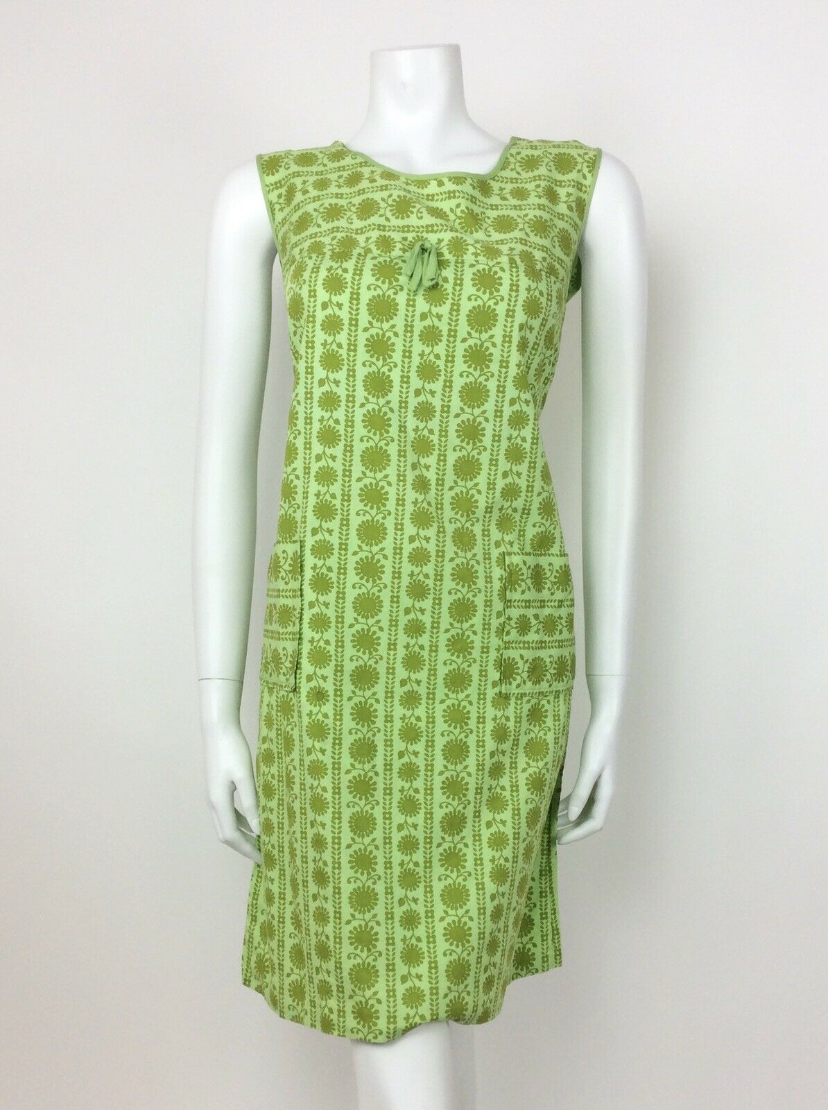 VINTAGE 60s 70s LIME GREEN PSYCHEDELIC FLORAL EMPIRE LINE SHIFT DRESS 10 12