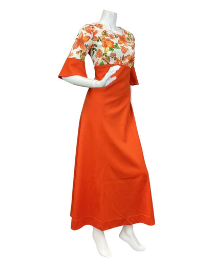 VTG 60s 70s ORANGE GREEN WHITE FLORAL EMPIRE FLOUNCE SLEEVE MOD MAXI DRESS 12