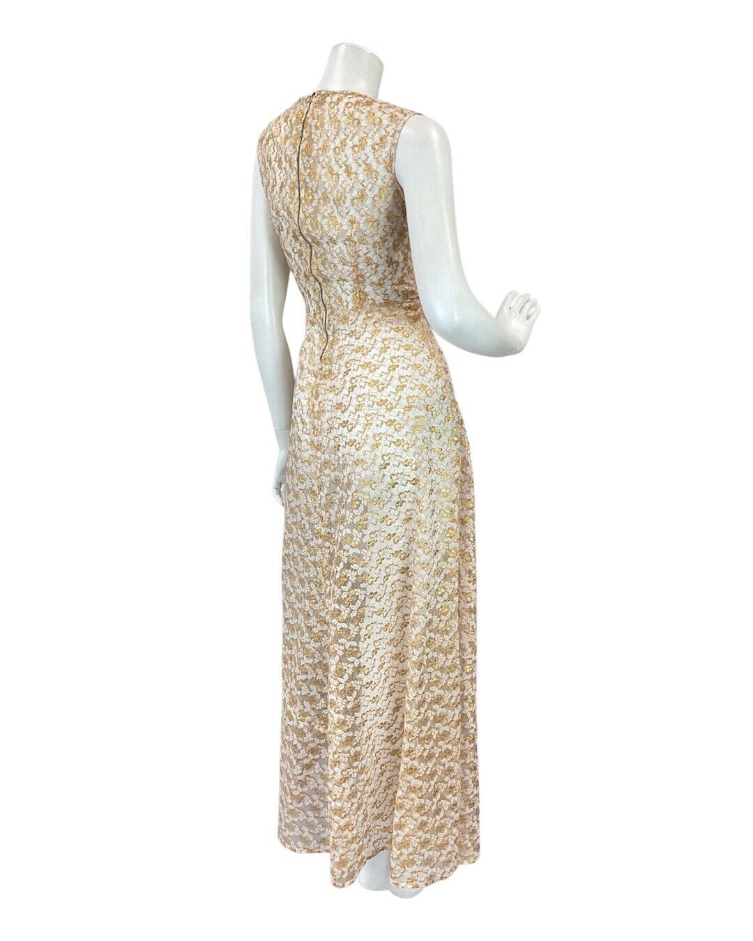 VINTAGE 60s 70s GOLD WHITE FLORAL LACE SHEER SLEEVELESS PARTY MAXI DRESS 8 10