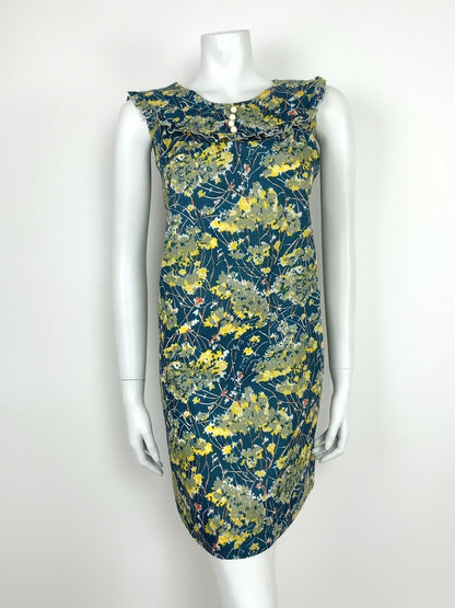 VTG 60s 70s ABSTRACT FLORAL BLUE YELLOW SILVER WHITE RUFFLE A-LINE DRESS 10 12