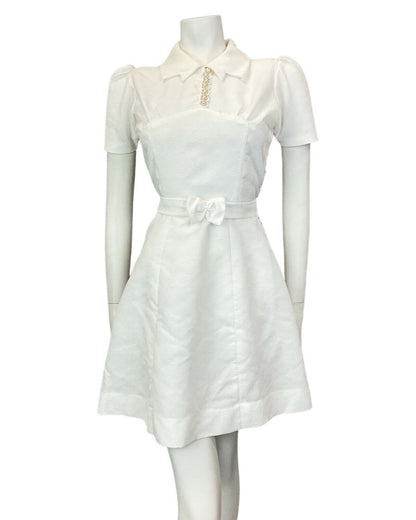 VINTAGE 60s 70s BRIGHT WHITE FLORAL BELTED MOD SHIRT SHORT DRESS 10