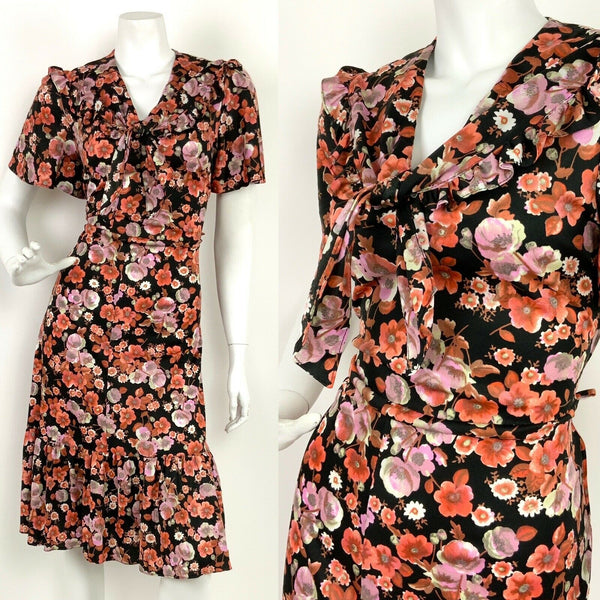 VTG 60s 70s BLACK RED PINK WHITE GREY FLORAL RUFFLE PUSSYBOW NECKTIE DRESS 12 14