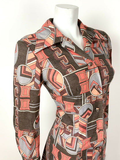 VINTAGE 60s 70s BROWN ORANGE GREY RED GEOMETRIC DAGGER SHIRT DRESS 10 12