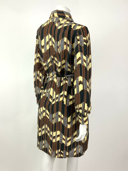 VINTAGE 60s 70s BROWN YELLOW BLACK ZIG-ZAG GEOMETROC BELTED SHIRT DRESS 12 14 16