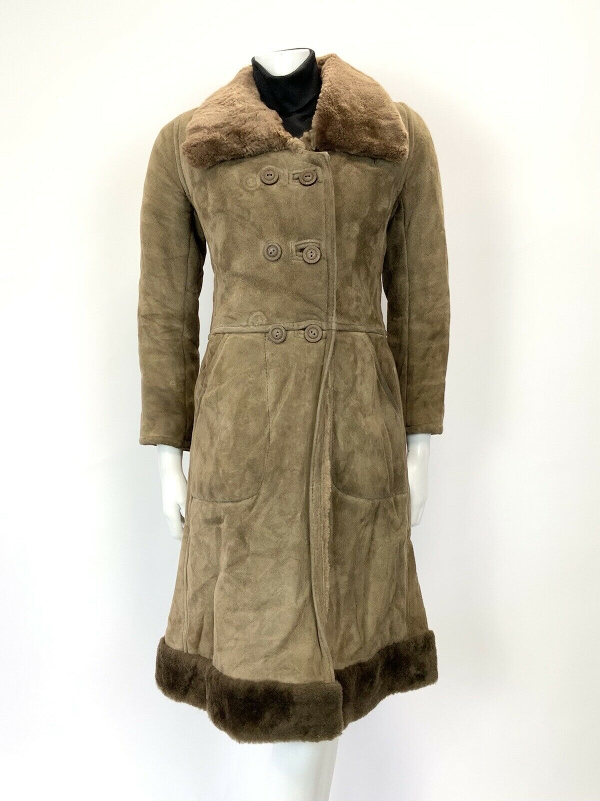 VTG 60s 70s PEANUT BROWN SHEARLING SUEDE DOUBLE-BREASTED PRINCESS SWING COAT 10