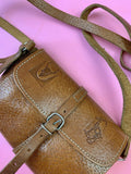 VINTAGE 60S 70S TAN STAMPED LEATHER MINI SATCHEL BAG WESTERN