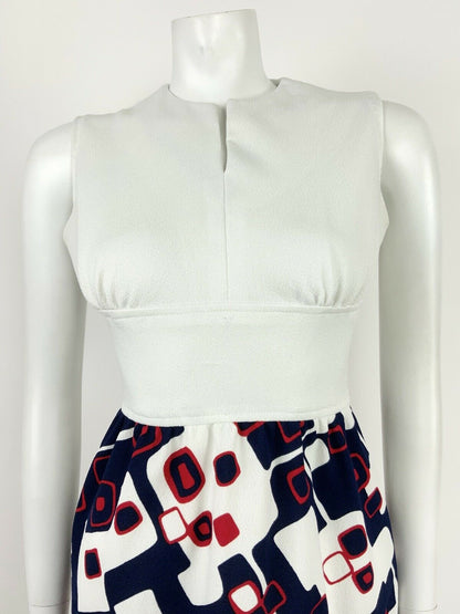 VINTAGE 60s 70s WHITE BLUE RED GEOMETRIC SQUARE MOD SLEEVELESS DRESS 8 10