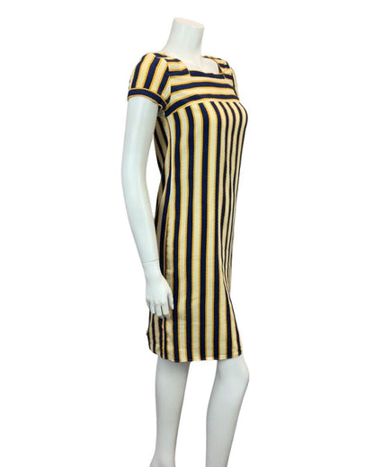 VINTAGE 60s 70s NAVY BLUE YELLOW CREAM STRIPED MINI DRESS 8