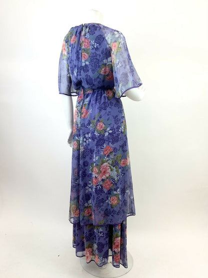 VTG 60s 70s PURPLE PINK GREEN FLORAL ROSE BOHO CAPE SLEEVE SHEER MAXI DRESS 12