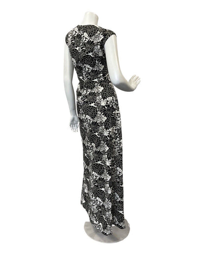 VINTAGE 60s 70s BLACK WHITE PSYCHEDELIC FLORAL SLEEVELESS MAXI DRESS 16 18