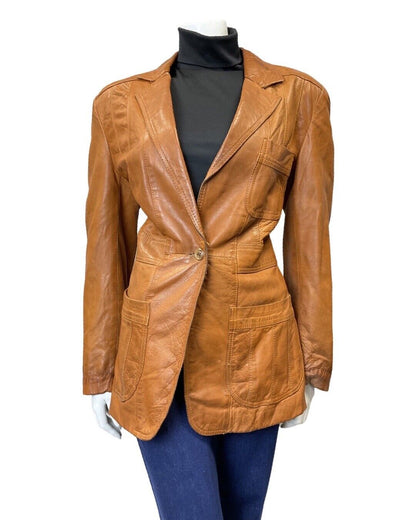 VINTAGE 60s 70s TAN BROWN MOD SOFT LEATHER BLAZER JACKET 14